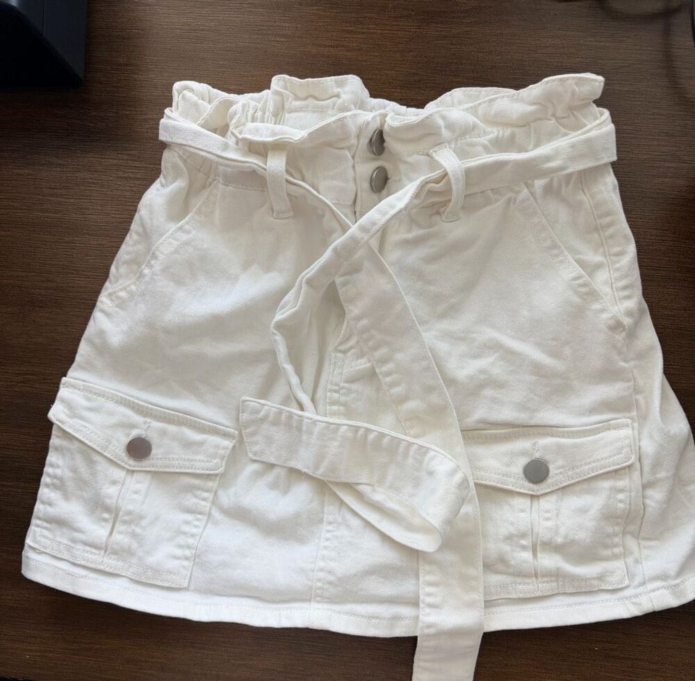 Luvamia White Denim Cargo Skirt High Waisted Belted Pocket Mini Skirt Size S